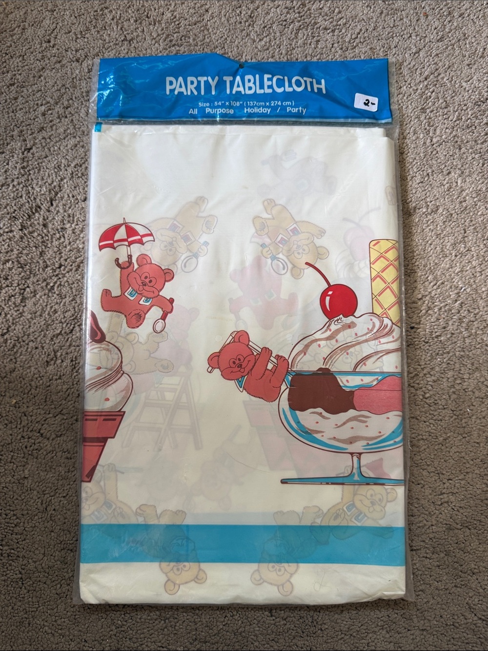 Vintage Teddy Bear Ice Cream Party Tablecloth - Cream & Red Accents